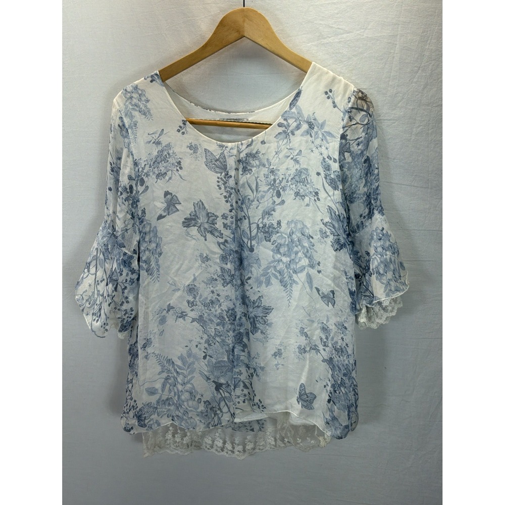 Elena Baldi Made in Italy Floral Top Blue Silk Overlay Butterfly Breezy Beach M